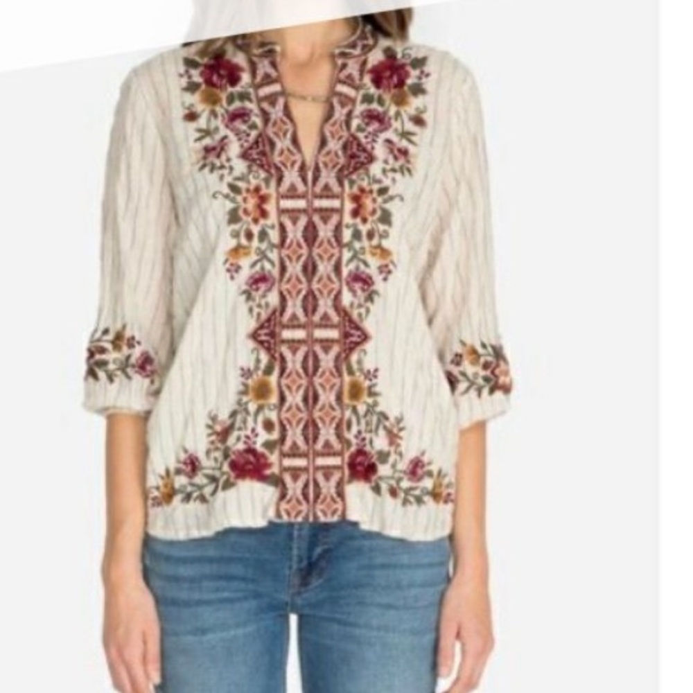 Johnny Was Shirt Embroidered Cream Red Nepal Swing Tunic Floral Women's Top XL